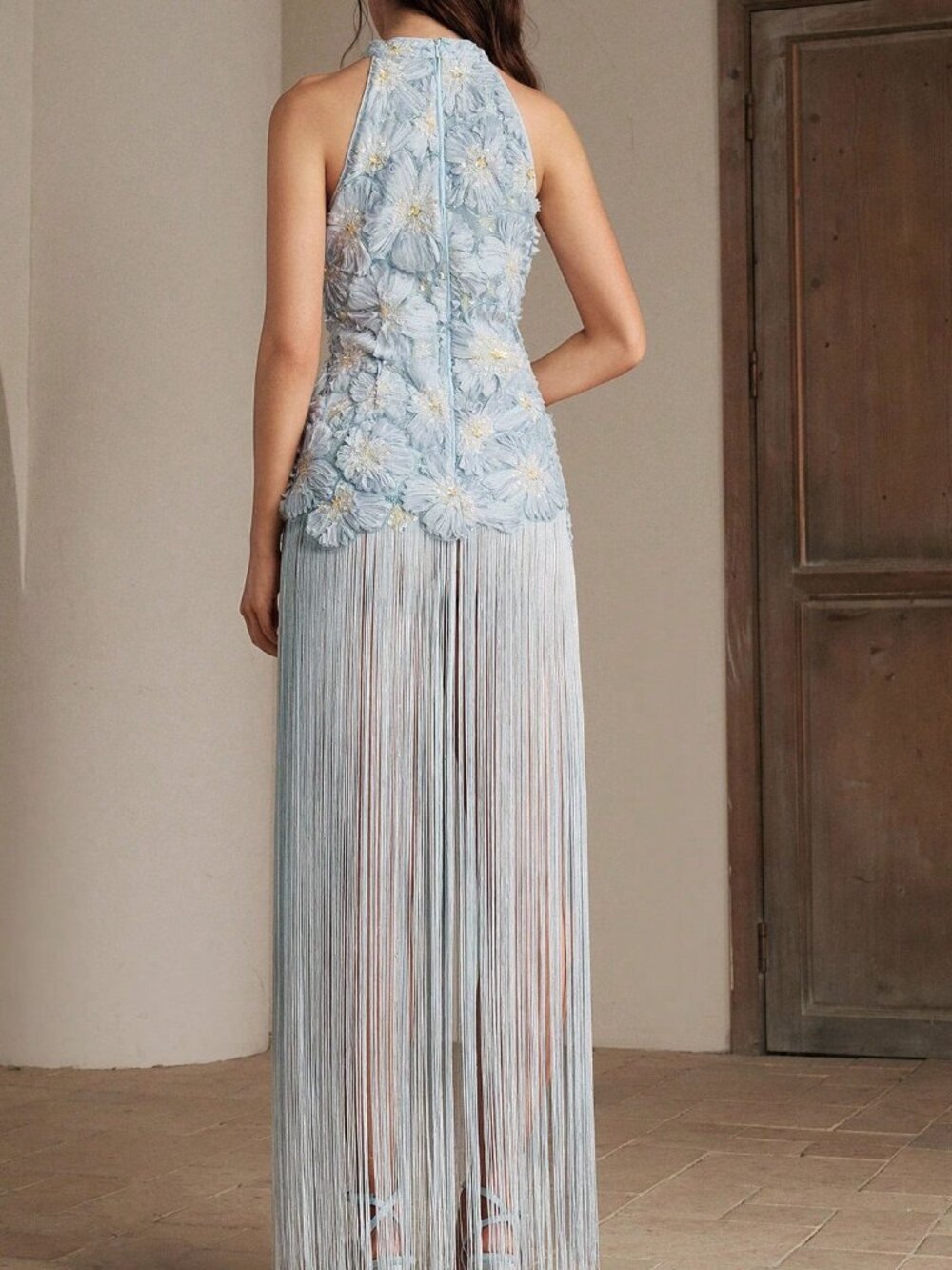 Baby Blue Romantic Women's Embroidered Tassel Neck Dress - Picture 2 of 7